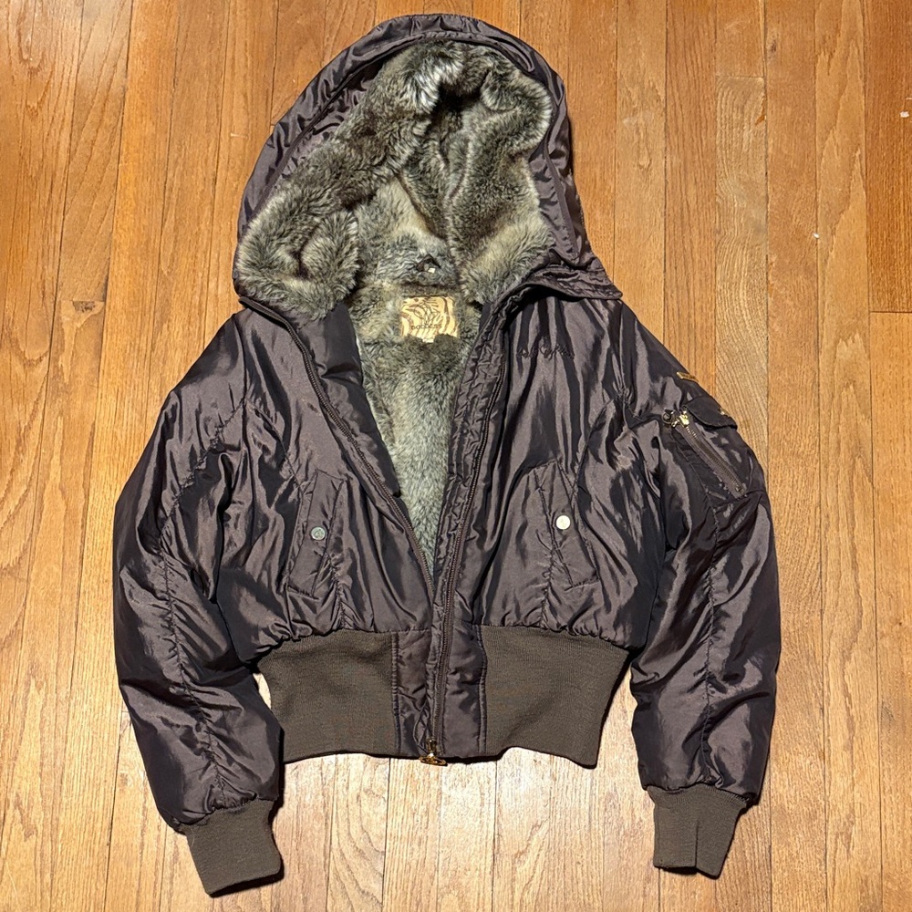 Baby Phat Dark Brown Puffer Jacket with Faux Fur Hood